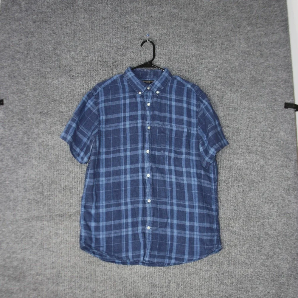 Banana Republic Plaid Linen Shirt Mens L Blue Camden‎ Standard Fit Short Sleeve